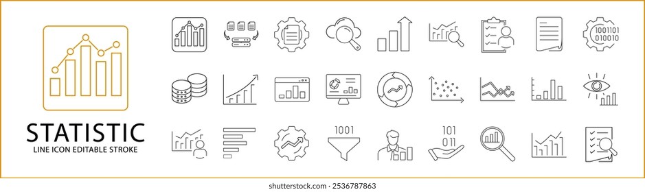 Statistic Icon Set. Statistic Line Icons. Containing chart, growth, graph, graphic, monitoring, diagram, information, database, etc. Vector Illustration. Editable Stroke.