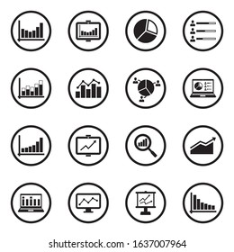 Statistic Icons. Black Flat Design In Circle. Vector Illustration.
