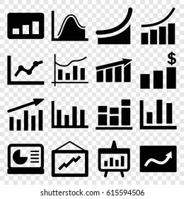 Statistic icons set. set of 16 statistic filled icons such as graph, chart, chart on display