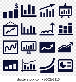 Statistic icons set. set of 16 statistic filled icons such as graph, chart, chart on display