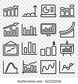 Statistic icons set. set of 16 statistic outline icons such as graph, chart, chart on display