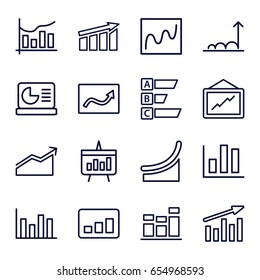 Statistic icons set. set of 16 statistic outline icons such as graph, chart, chart on display
