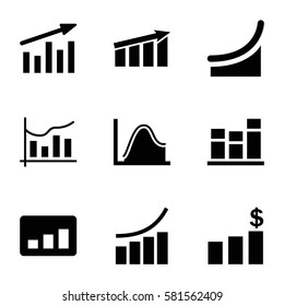 statistic icons set. Set of 9 statistic filled icons such as graph, chart