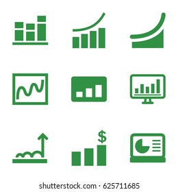 Statistic icons set. set of 9 statistic filled icons such as graph, chart, chart on display