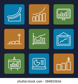 statistic icons set. Set of 9 statistic outline icons such as graph, chart, chart on display