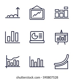 statistic icons set. Set of 9 statistic outline icons such as graph, chart