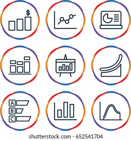 Statistic icons set. set of 9 statistic outline icons such as chart, chart on display, money chart, statistic
