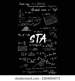 Theorie der statistischen Mathematik und mathematische Formel Gleichung doodle handschriftlich Symbol mit Diagramm und Diagramm auf schwarz isoliertem Hintergrund, erstellt durch Vektorgrafik