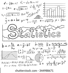Statistic math law theory and mathematical formula equation doodle handwriting icon with graph chart and diagram in white isolated background, create by vector
