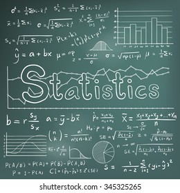 Statistic Math Law Theory And Mathematical Formula Equation Doodle Chalk Handwriting Icon With Graph Chart And Diagram In Blackboard Background, Create By Vector
