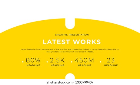 Statistic numbers latest works business modern presentation design with yellow shapes on white background, editable annual report flyer leaflet corporate banner design template. Power point ppt file