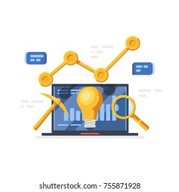 Statistic program and monitoring progress service vector concept, laptop magnifying glass pick chart lighting bulb flat illustration isolated on white background