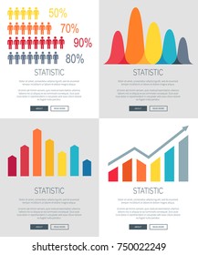 Statistic representation set of four web page designs with colorful bar graphs. Vector illustration of data with room for text and buttons