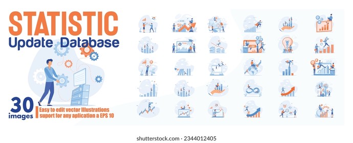 Statistic update database concept illustration, collection of male and female business people scenes in the statistic update database scene. mega set flat vector modern illustration