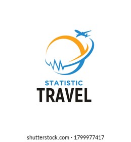 Statistic Wave Chart with Plane Aeroplane and Globe for Aircraft Travel Global World logo design
