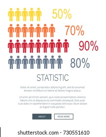 Statistic web page with icons of human silhouette and percentage, text and headline samples, buttons at bottom of picture on vector illustration