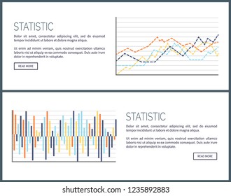 Statistic web pages, charts and infographics set vector. Scheme with lines and curves, scales with results in visual form. Infochart design and text