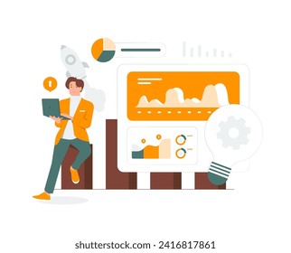 Statistical analysis business finance. Businessman sitting next chart to analyzing growth, Site stats, Data inform, Statistics, monitoring financial reports and investments concept illustration