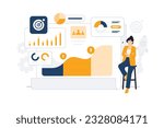 Statistical analysis business finance. Businesswoman pointing at chart to analyzing growth, Site stats, Data inform, Statistics, monitoring financial reports and investments concept illustration