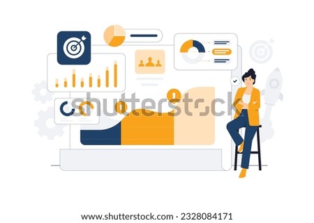 Statistical analysis business finance. Businesswoman pointing at chart to analyzing growth, Site stats, Data inform, Statistics, monitoring financial reports and investments concept illustration