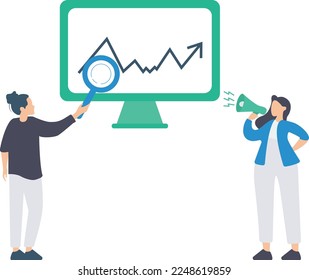 Statistical analysis concept. Man and girl with magnifying glass look at graphs and charts. Work with statistics and marketing research, analytical department.

