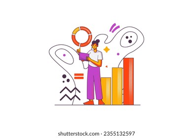 Statistical analysis concept with people scene in the flat cartoon design. The specialist collects, cleans, transforms and visualizes data into diagrams and diagrams. Vector illustration.
