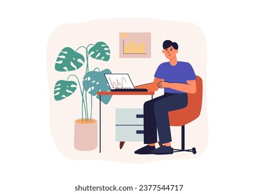 Statistisches Analysekonzept mit Menschen-Szene im flachen Cartoon-Design. Ein Spezialist für Datenverarbeitung analysiert Geschäftsinformationen und versucht diese zu strukturieren. Vektorgrafik.