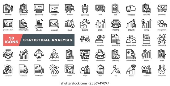 Statistical Analysis Icon Collection Set containing Coding process,Investment,Statistics,Goal,Report,Analysis,research,Metrics icon.Simple illustration