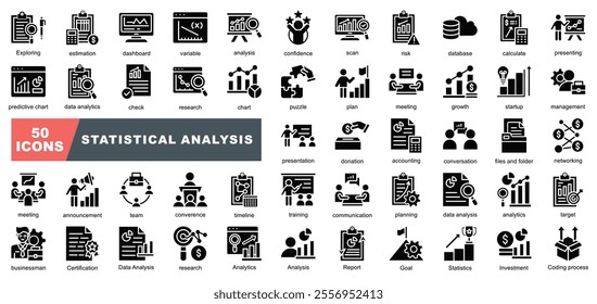 Statistical Analysis Icon Collection Set containing Coding process,Investment,Statistics,Goal,Report,Analysis,research,Metrics icon.Simple illustration