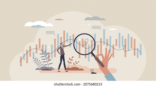 Statistical analysis and information data research audit tiny person concept. Business financial chart closeup examination for accounting planning or profit balance calculation vector illustration.