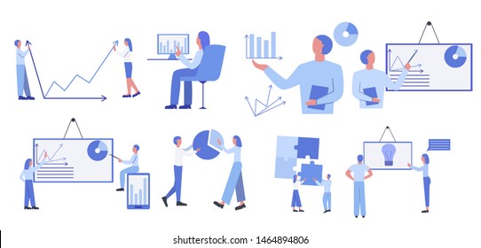 Statistical analysis metaphor set. People analysing charts, connecting puzzles or charts elements. Symbol of financial management, statistics and business report. Flat vector illustration.