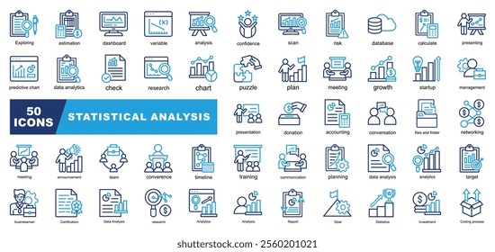 Statistical Analytic Icons Collection contains Communication, Chart, meeting, Target, Exploring, Report, Training, Management, Investment, Accounting, Networking Icons Simple Illustration