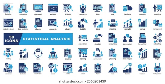 Statistical Analytic Icons Collection contains Communication, Chart, meeting, Target, Exploring, Report, Training, Management, Investment, Accounting, Networking Icons Simple Illustration