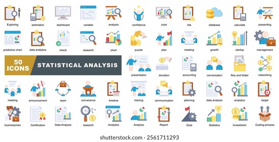 Statistical Analytic Icons Collection contains Communication, Chart, meeting, Target, Exploring, Report, Training, Management, Investment, Accounting, Networking Icons Simple Illustration