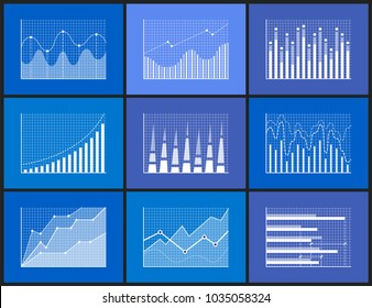 Statistical and analytical monochrome graphics set. Angular curves, tall bars and waves with apexes isolated monochrome vector illustrations set.