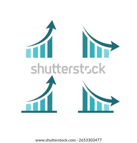 Statistical bar chart icon with upward and downward curved arrows. Business trend performance symbol
