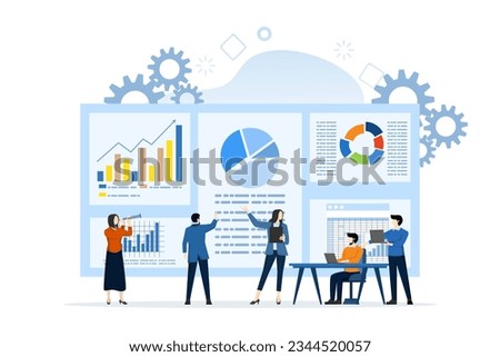 statistical chart analysis concept and big data. business vector illustration, office workers studying infographics, scale evolution analysis. flat vector illustration on a white background.