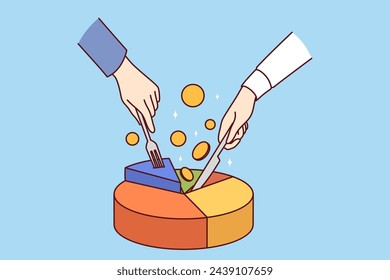 Statistische Karte und Hände der Partner teilen den finanziellen Kuchen, versuchen, mehr Einkommen aus dem Geschäft zu extrahieren. Geschäftsleute sind am Geldverdienen beteiligt und erzielen Einnahmen aus Startups