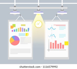 Statistical charts and graphs vector illustration, bright icon of clock that symbolize importance of time resources, set of lamps and business data