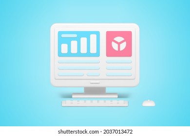 Statistical charts in online application 3d icon. Infographic analysis marketing and business information. Investment statistics website and profit interface presentation. Realistic isolated vector