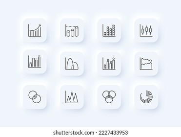 Icono de conjunto de gráficos estadísticos. Barra, pie, diagrama, estadísticas, finanzas, crecimiento, flechas, análisis, análisis de datos, procesamiento, infografía, concepto de negocio. Neomorfismo. Icono de línea de vector para empresas