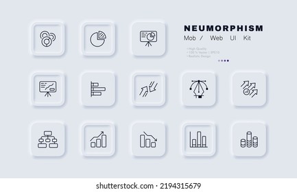 Statistical charts set icon. Diagram, pie, bar, donut, flipchart, arrows, presentation, data transfer, hierarchy, management, analytics, arrows. Business concept. Neomorphism style. Vector line icon.
