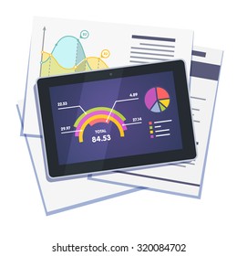 Statistical data abstract with graphs and charts on paper and tablet computer. Flat style vector illustration isolated on white background.