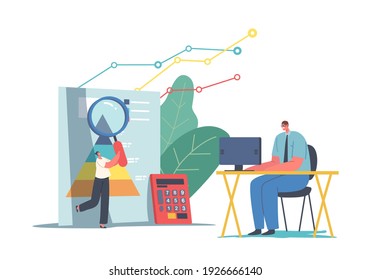 Statistical and Data Analysis for Business Finance Investment and Financial Monitoring. Tiny Business Characters Working at Huge Graph Dashboard with Grow Diagrams. Cartoon People Vector Illustration
