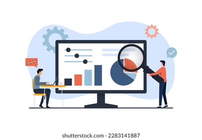 Análisis estadístico y de datos para el concepto de inversión en finanzas empresariales con un equipo de personas de negocios que trabaja en el tablero de gráficos de monitoreo, análisis de negocios inteligentes, informe de datos financieros