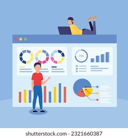 Análisis estadístico y de datos para el concepto de inversión en finanzas empresariales con un equipo de personas de negocios que trabaja en el tablero de gráficos de monitoreo, análisis de negocios inteligentes, informe de datos financieros