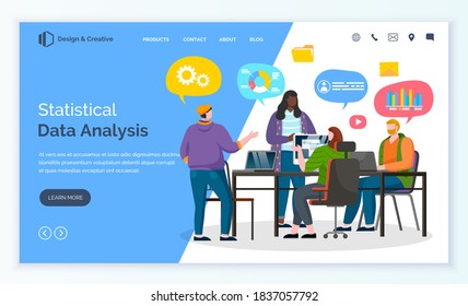 Análisis estadístico de datos de hombres y mujeres trabajadores que se comunican con laptop y discuten. La cooperación de los empresarios y la idea creativa. Plantilla de sitio web o página web, vector de estilo plano de la página de destino