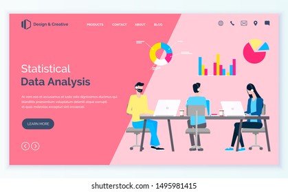 Statistical Data Analysis, People At Table Discussing Sales And Trades, Working On Laptops, Diagrams And Charts Above Head. Vector Website Or Webpage Template, Business Application Template