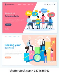 Statistical data analysis, scaling your business landing page decorated by man and woman workers using laptop, rising graph, successful team, people vector. Website or web-page template in flat style