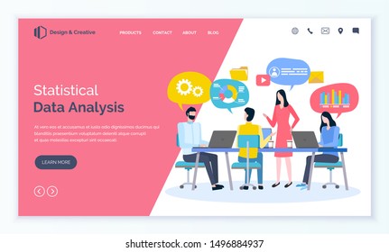 Statistical data analysis vector, man and woman sitting on conference brainstorming colleagues. Presentation of new concept and business ideas. Website or webpage template, landing page flat style